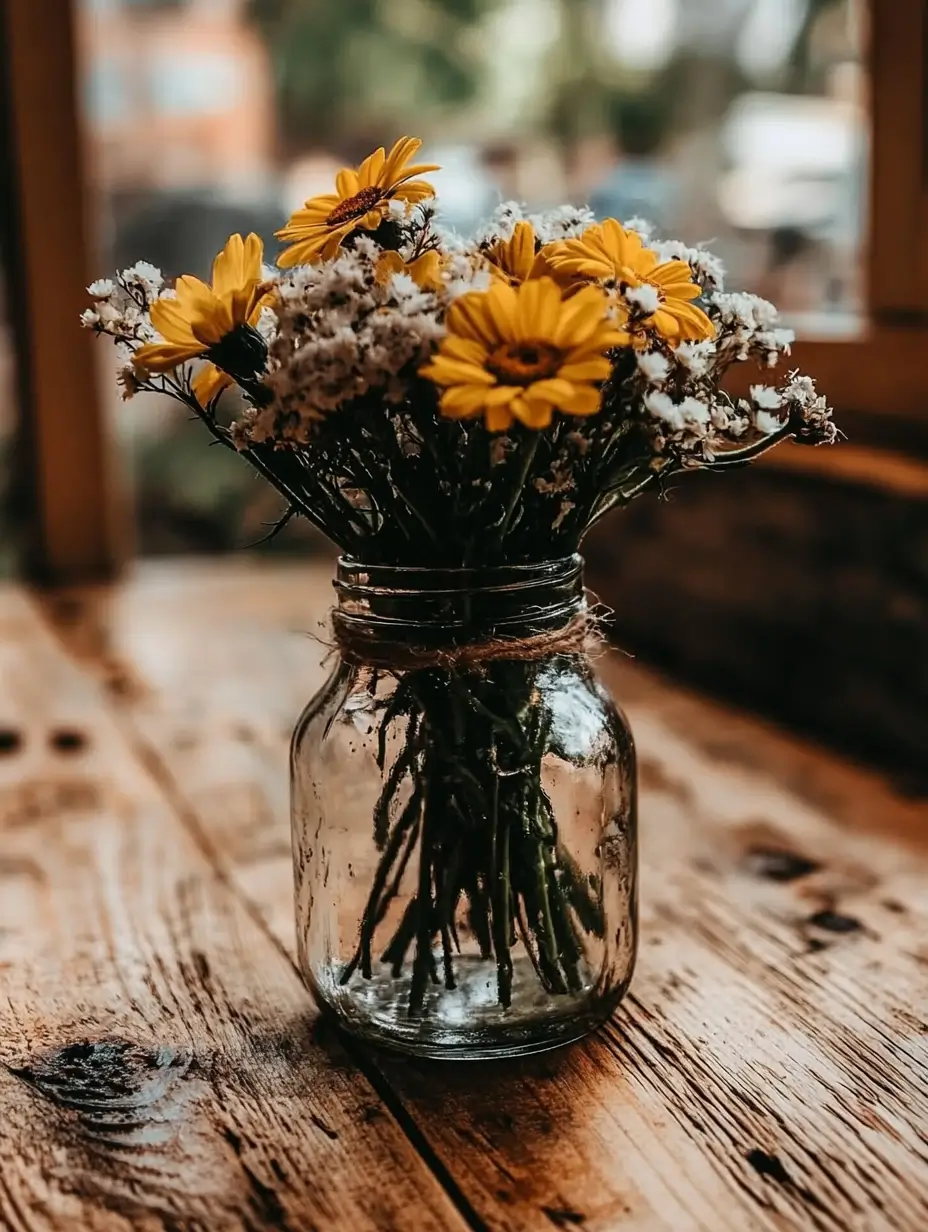 Clear glass jar full of vibrant yellow and white flowers on a rustic wooden table, creating a warm and tranquil atmosphere.