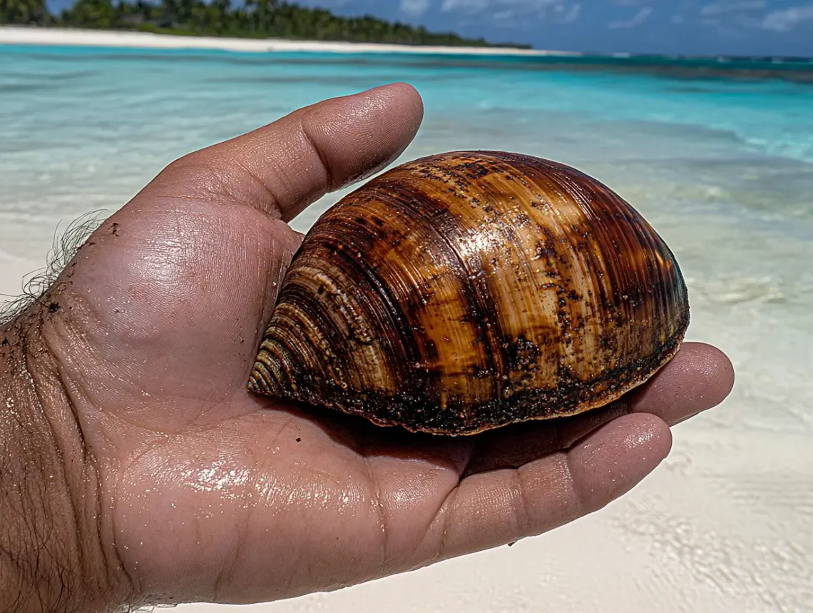 Hand delicately holding an intricately patterned shell on a serene beach under the soft sunlight.