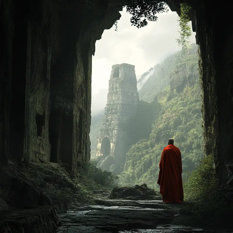 A solitary monk appearing lost.