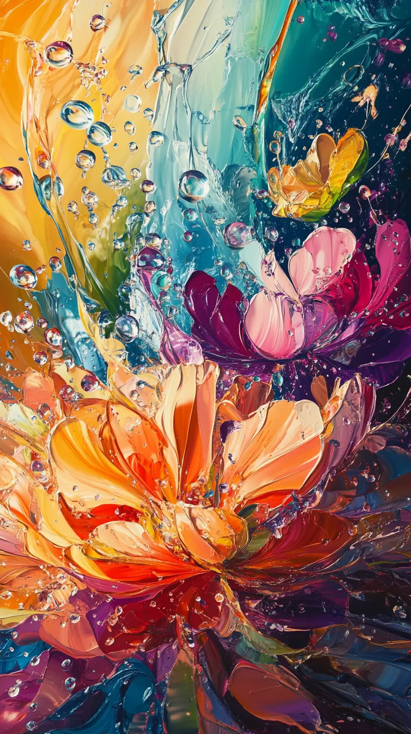 Detailed painting of a vibrant flower with water splashing on it, embodying freshness and vitality.