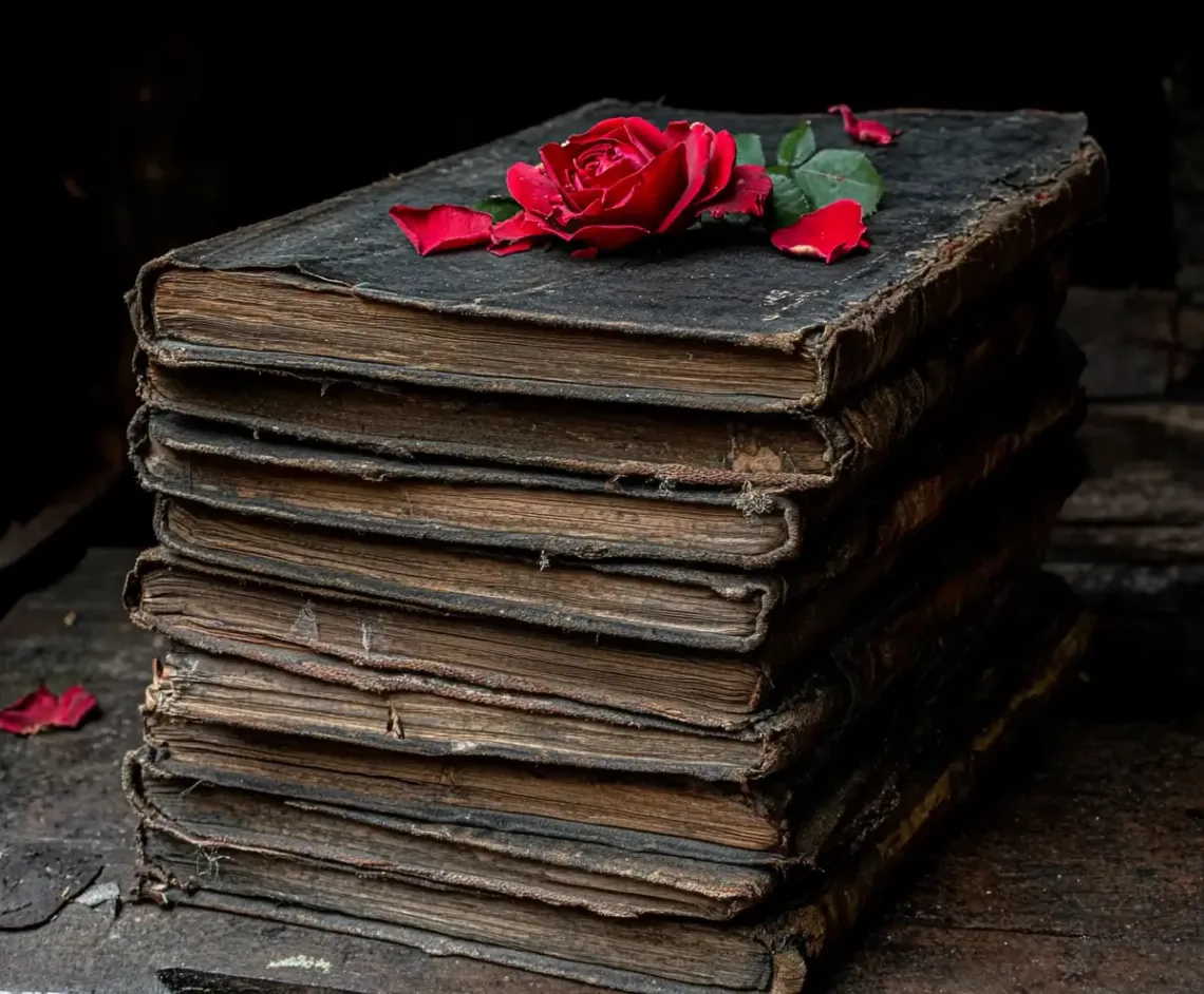 Stack of weathered books topped by a delicate rose, evoking nostalgia and curiosity.