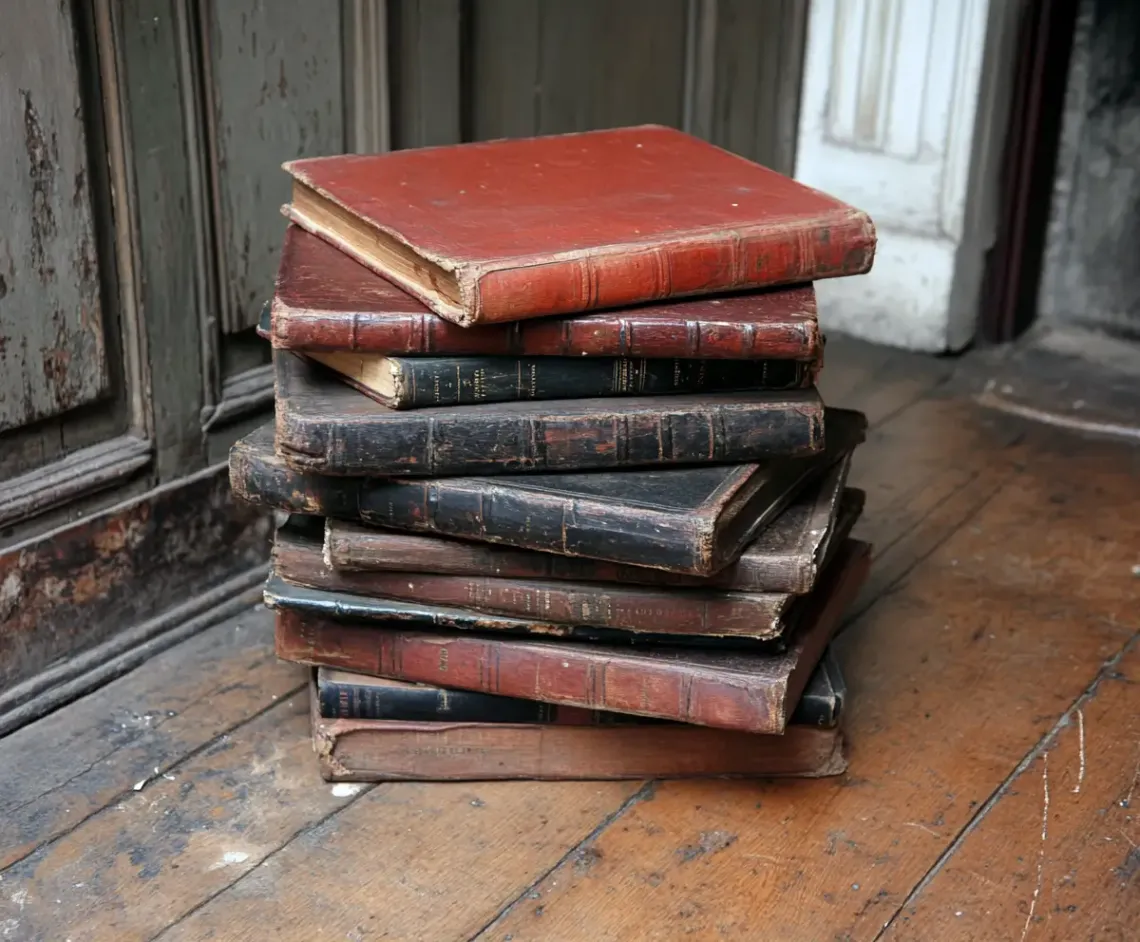 A stack of weathered, old books arranged vertically on a rustic wooden floor, inviting intellectual curiosity.