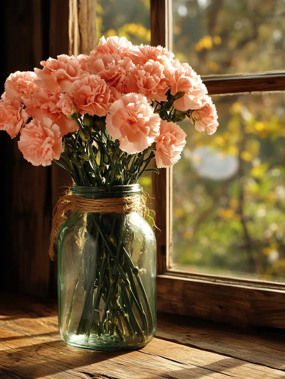 Vase with pink flowers on a window sill, with natural light accentuating their beauty.