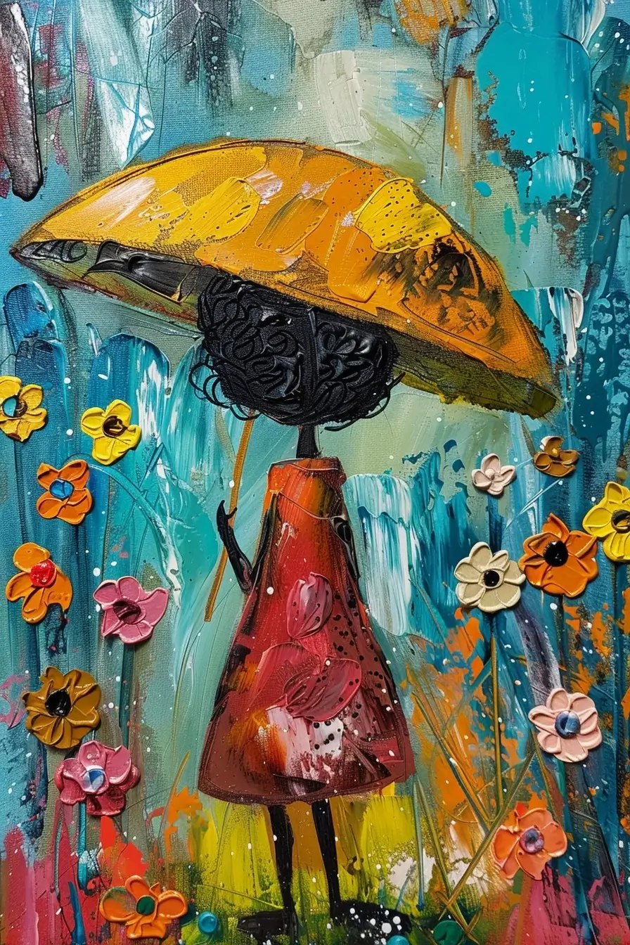 Beautiful painting of a serene woman holding an umbrella, displaying intricate details.