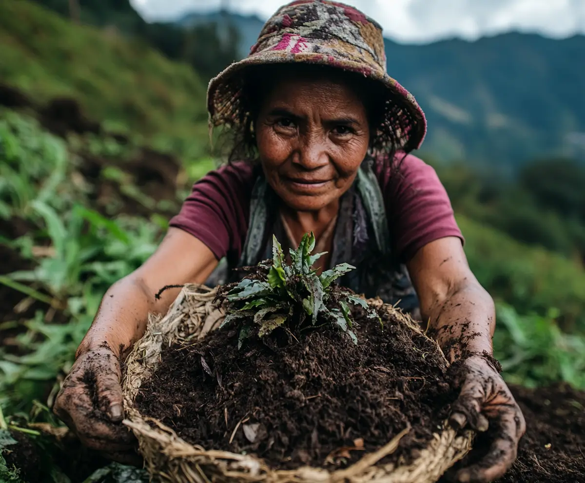 Woman engaged in gardening, holding a basket filled with nutrient-rich soil and a healthy green plant.