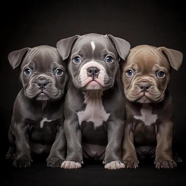 Adorable American Bully puppies clean and lined up for a photoshoot.