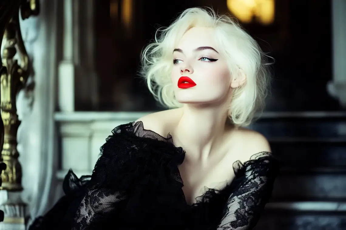 Elegant woman in black dress with red lipstick, exuding confidence and sophistication at a formal event.