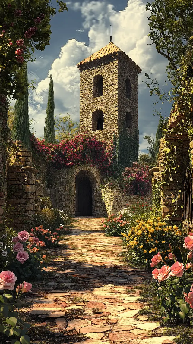 Ancient Mediterranean castle with lilies and roses nearby.