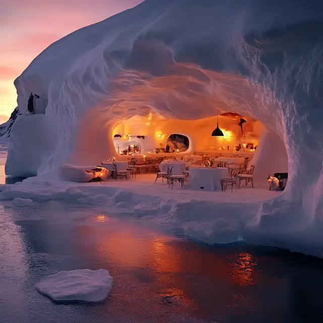 Arctic ice cave illuminated by a warm light.