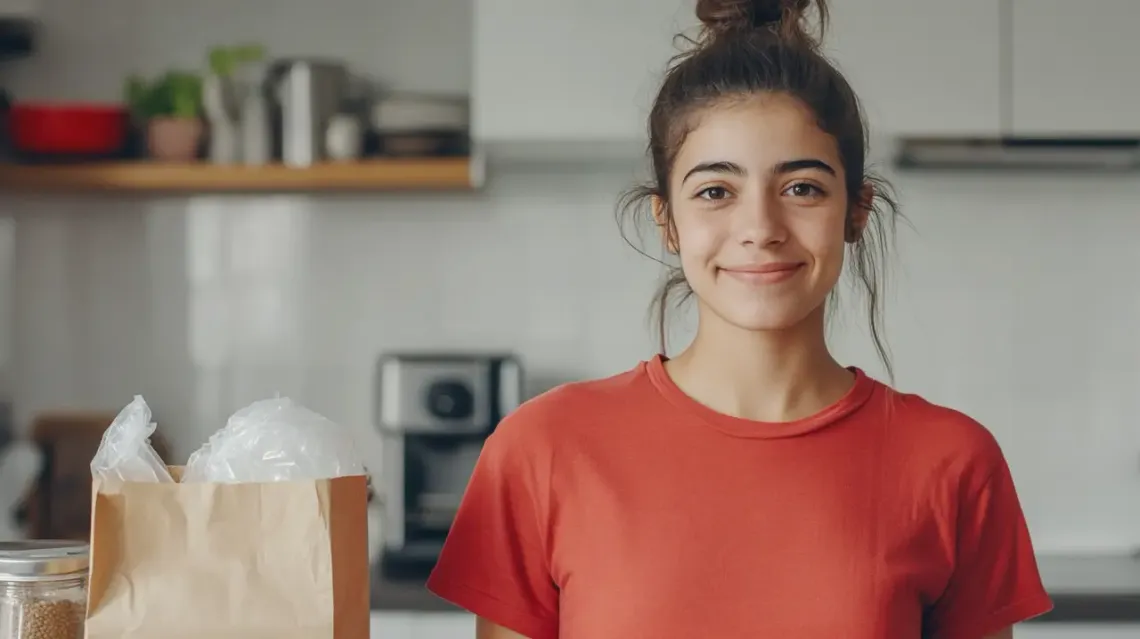 25-year-old Argentinian woman standing in a kitchen.