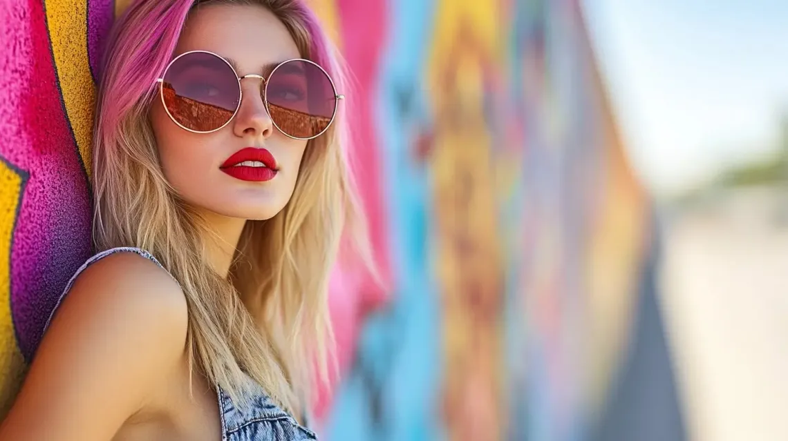 Stylish woman with vibrant pink and blonde hair, trendy sunglasses leaning against a wall in an urban setting.