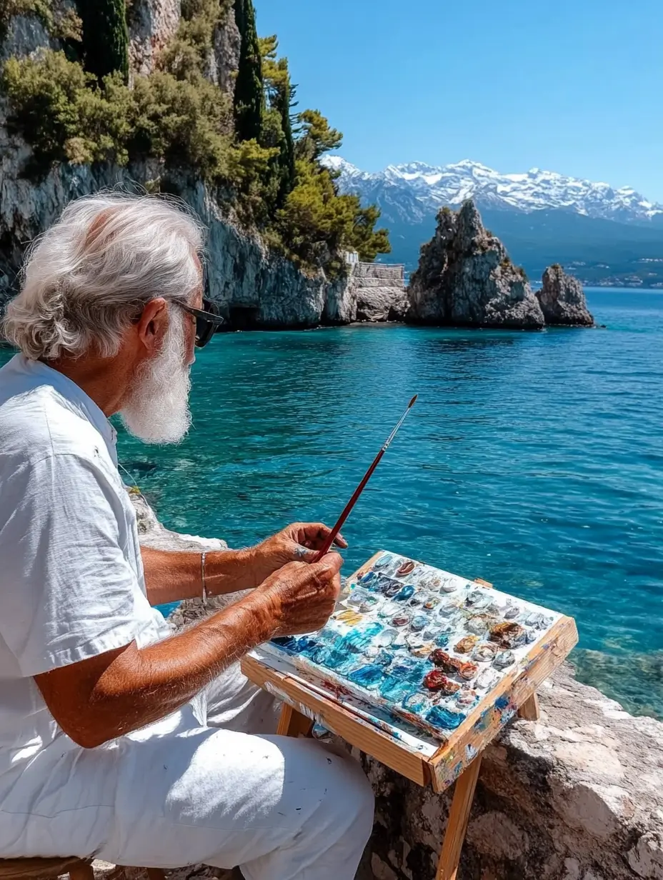 Man sitting on a stool surrounded by nature, engrossed in painting on a board.