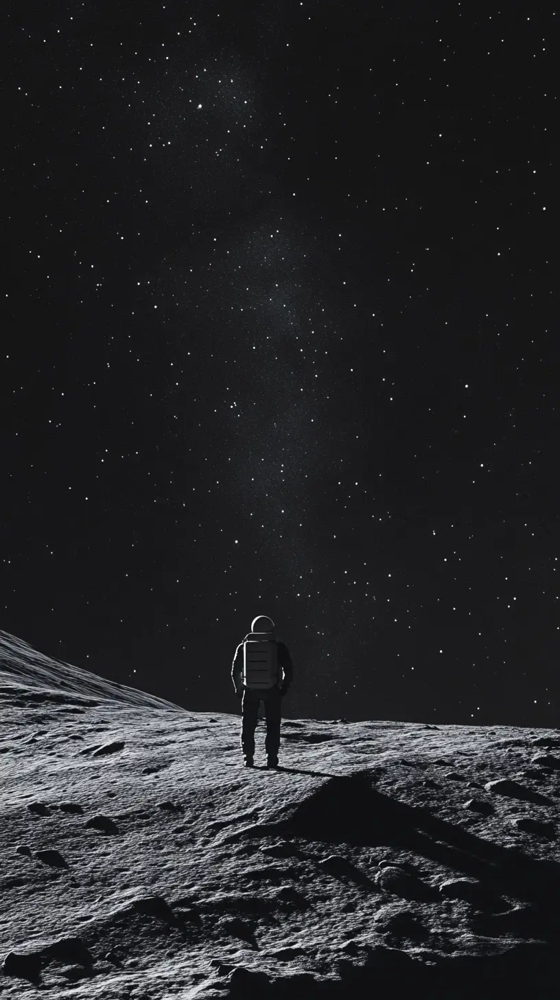 Man in spacesuit walking on a barren, moon-like surface, conveying a sense of isolation and exploration.