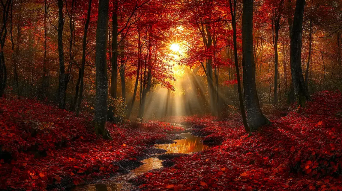 Golden hour autumn forest path surrounded by vibrant maple trees.