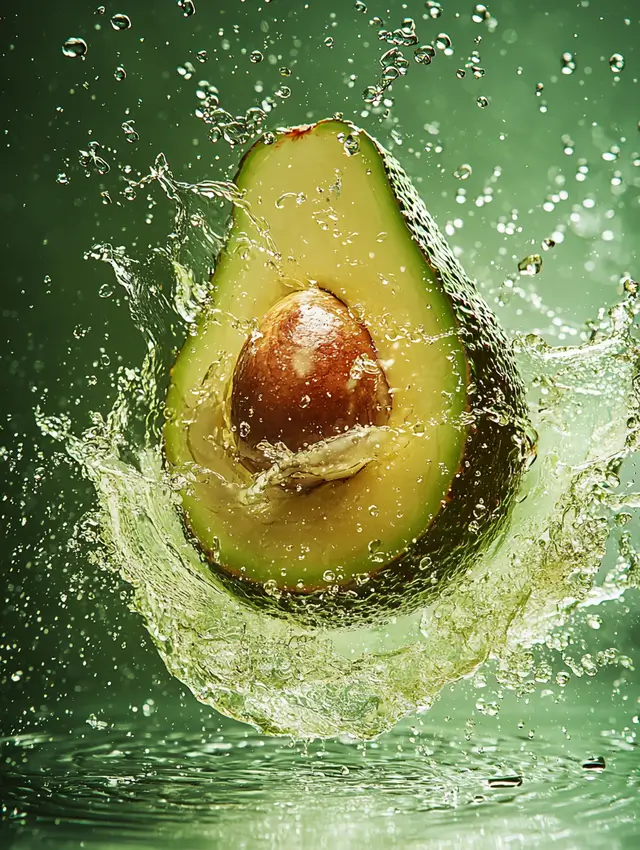 Avocado falling in water with green background.