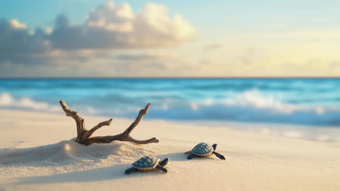 Two sea turtles resting on a serene, sandy beach near a piece of driftwood, basking in the sunlight.