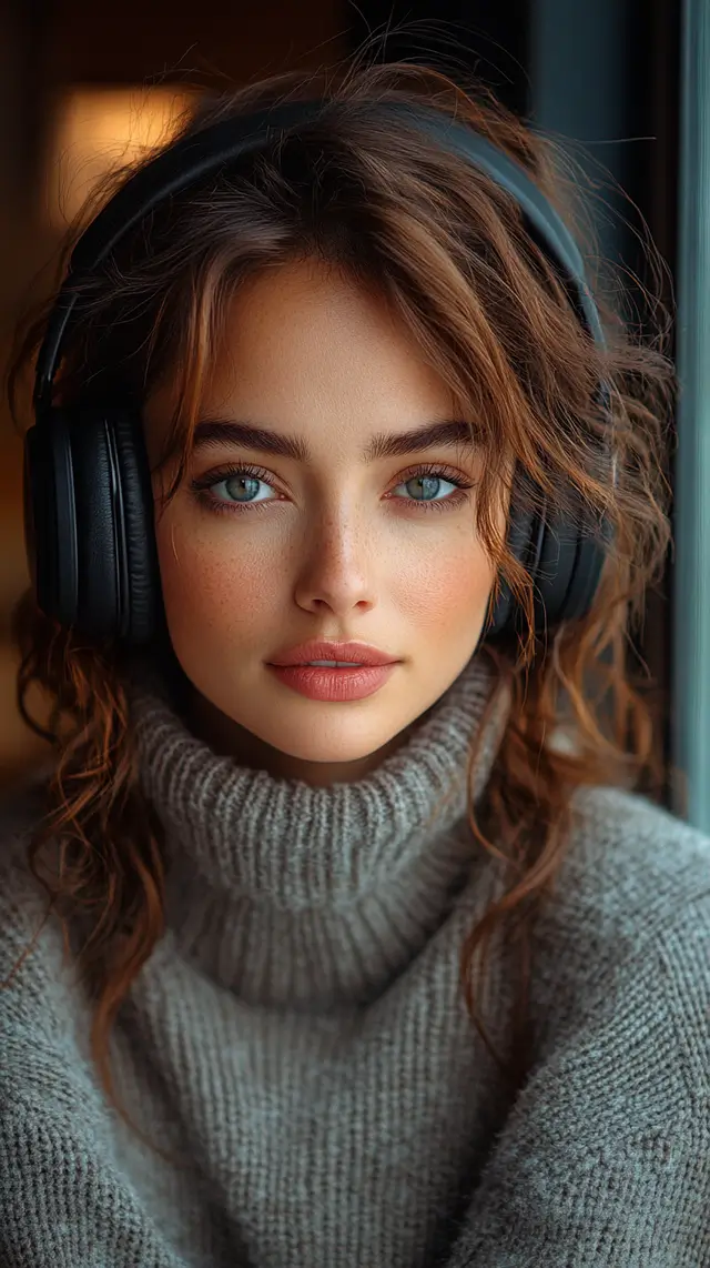 Casey Harmony, music loving model, posing with headphones while exploring a city and going to coffee shops.