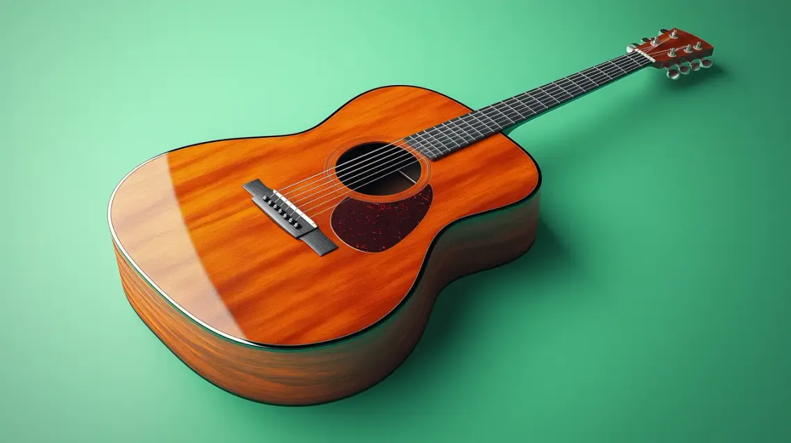 Beautifully detailed shot of a 6-string acoustic guitar.