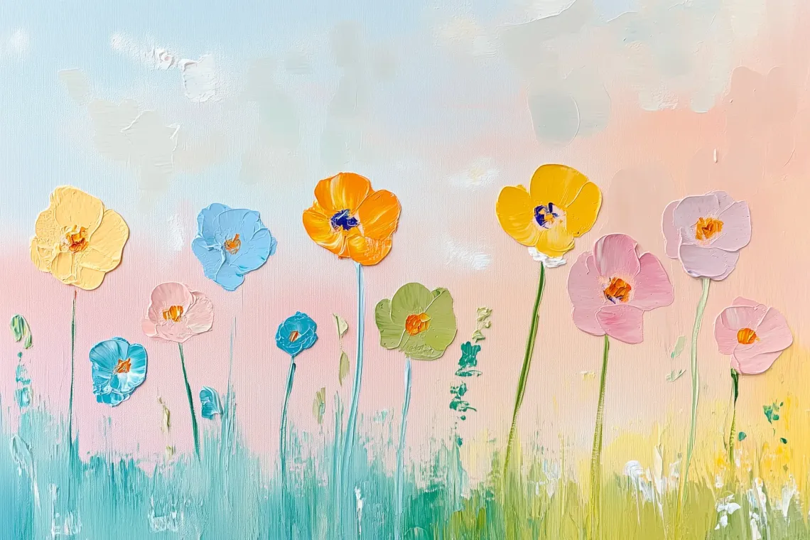 Beautiful painting of vibrant flowers blooming in a vast field.