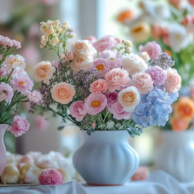 Beautiful pastel flowers arranged on a table.