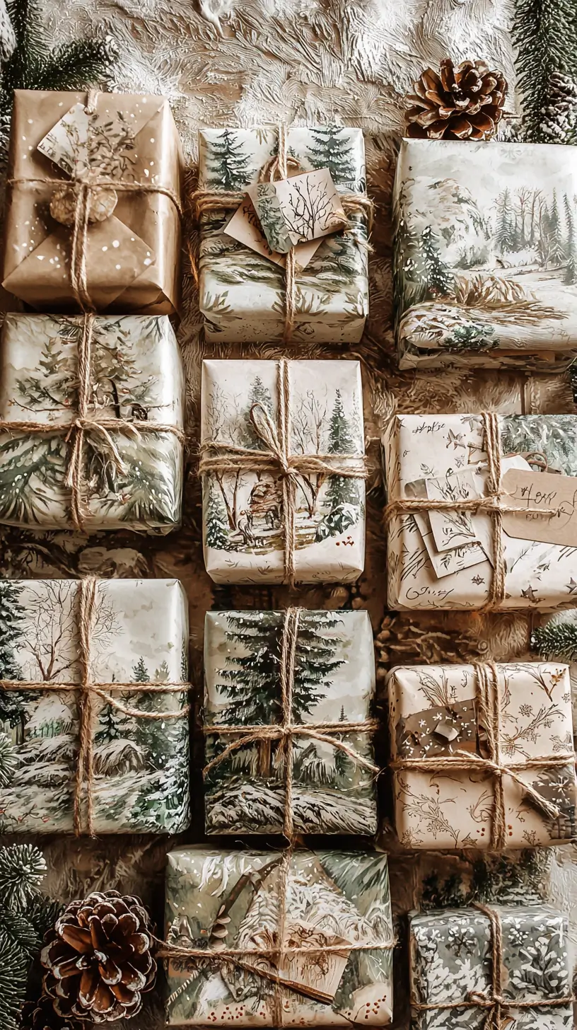 Festive holiday scene with beautifully wrapped presents adorned with pine cones.