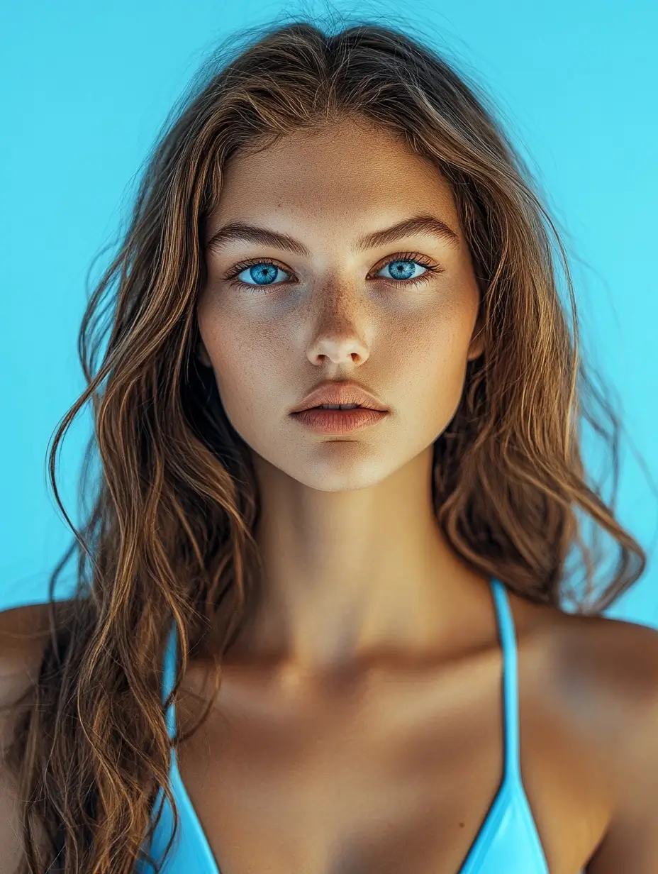 Confident woman with blue eyes posing in a vibrant blue bikini against a colorful background.