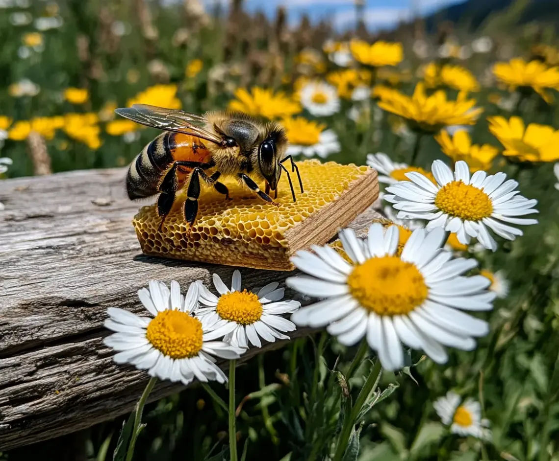 Bee with distinctive black and yellow stripes perched on honey amidst a vibrant field of colorful flowers.