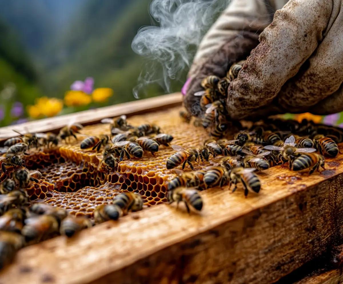 Beekeeper in protective gear inspecting a hive full of active bees, showcasing the detailed human-bee relationship.