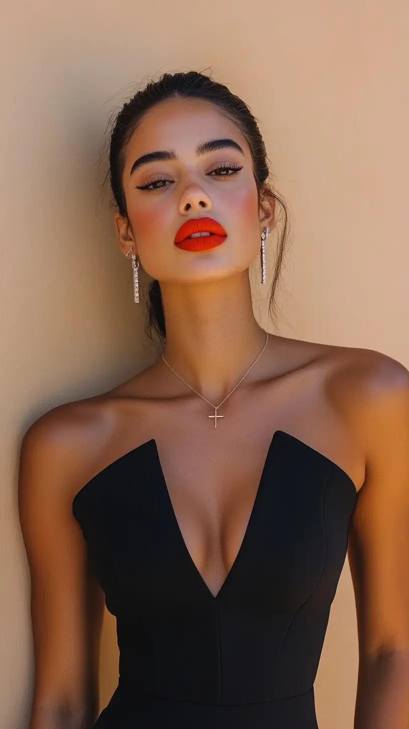 Elegant woman in black dress and cross necklace, showcasing quiet sophistication against a neutral background.