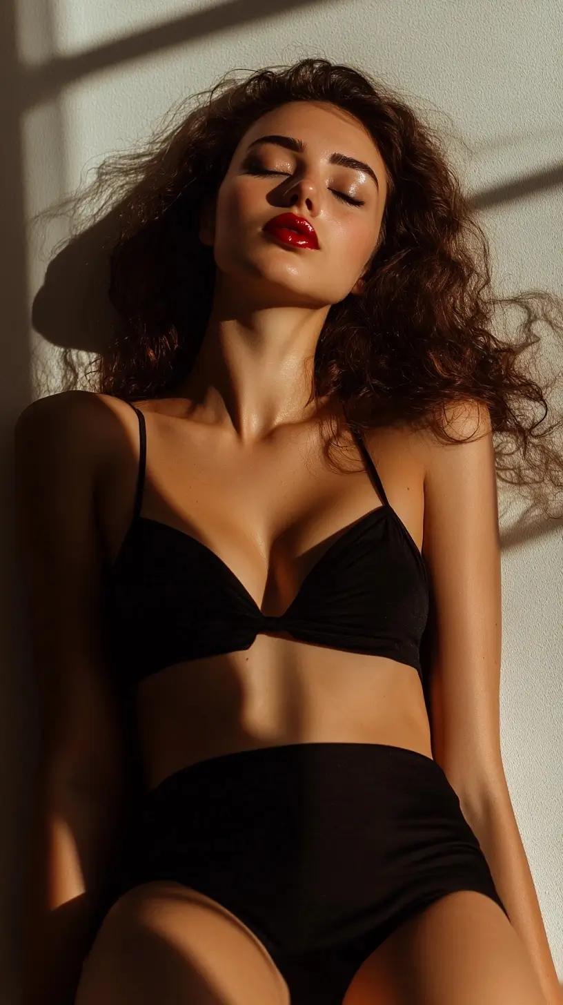 Confident woman posing in a black bikini and red lipstick, embodying glamour and style