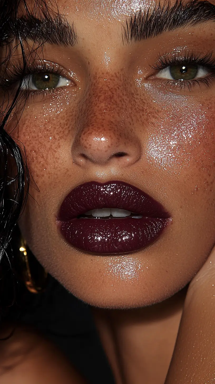 Close-up of a woman with dark lipstick, focusing on the texture and shine, with a blurred background.