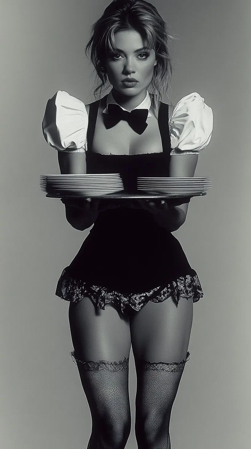 Woman in trendy short skirt holding a tray, possibly serving food or drinks at a social gathering.