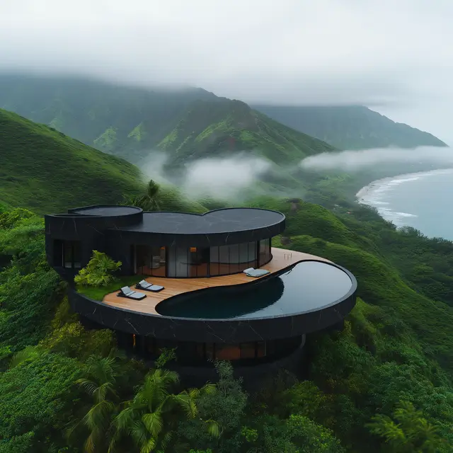 Bird's eye view of a large black parametric round shaped house.