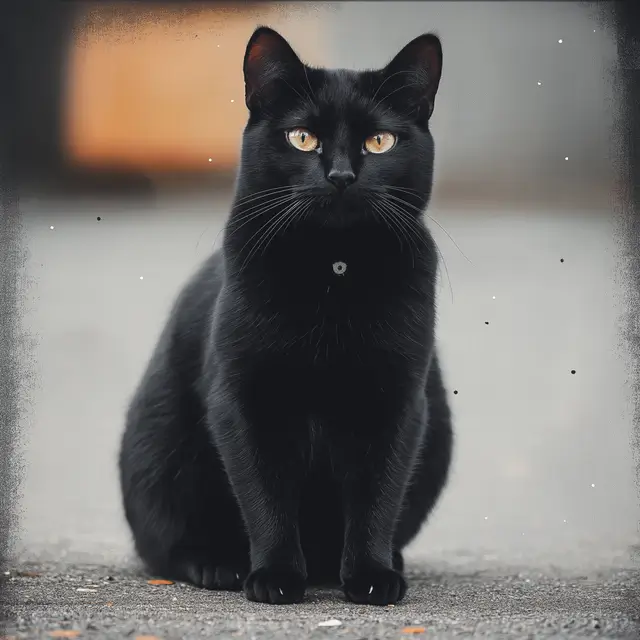 A black cat sitting on the ground.