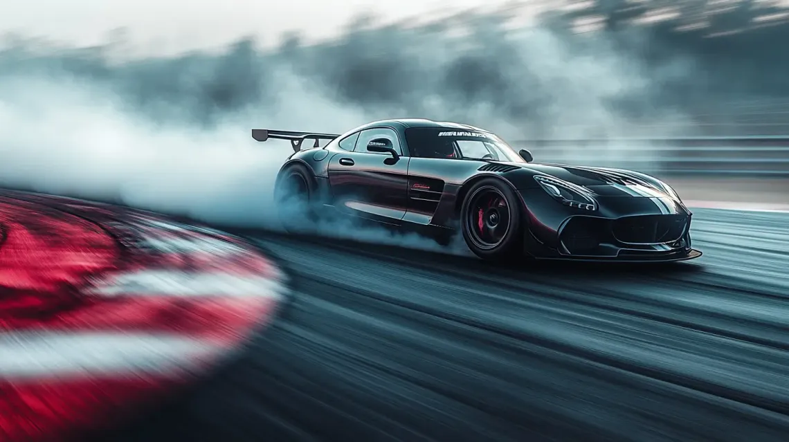 Black sports car racing on a clear track, emitting smoke from exhaust signifying high speed.