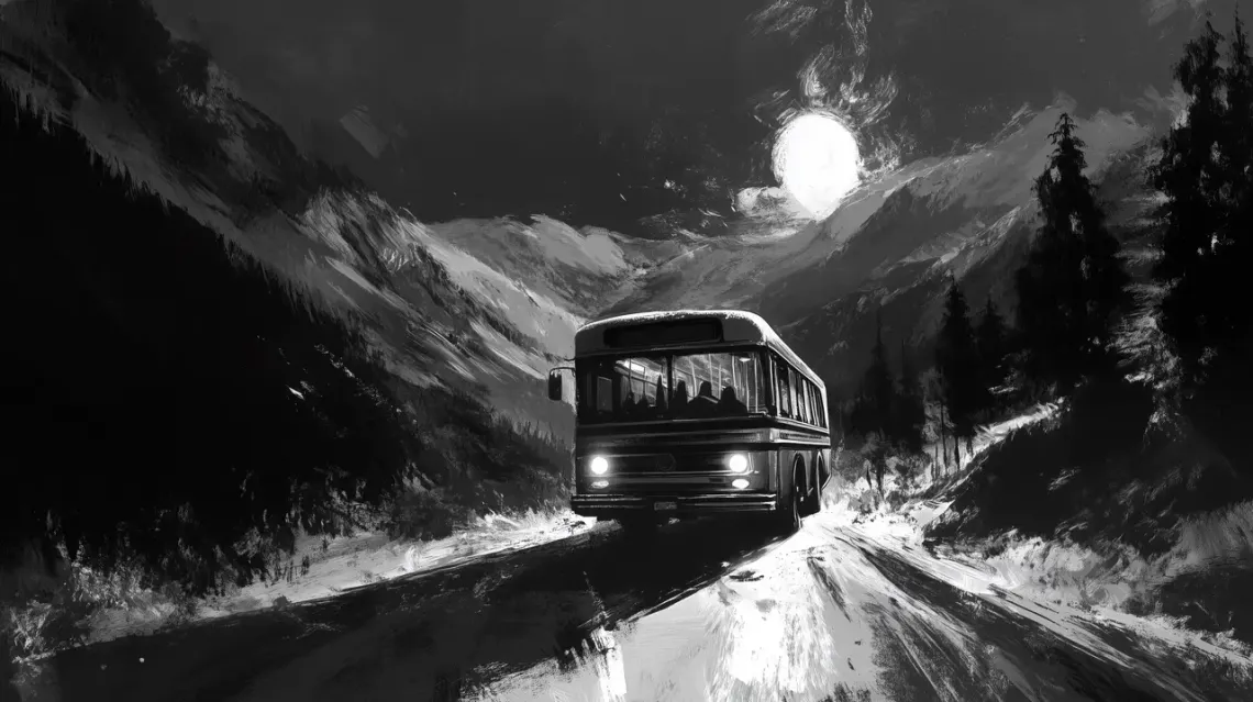 Black and white painting of a bus heading towards a scary forest.