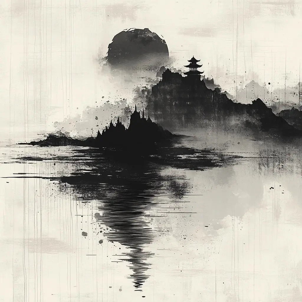 Black and white painting of a majestic mountain and serene lake with detailed peaks and reflective surface.