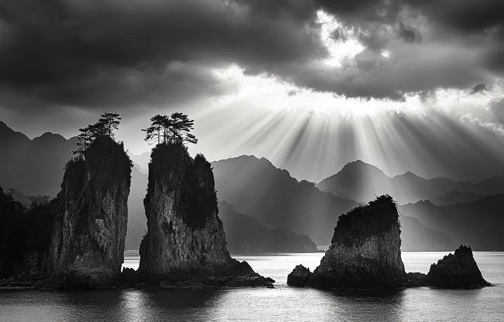 Black and white photography of an island with rocks.