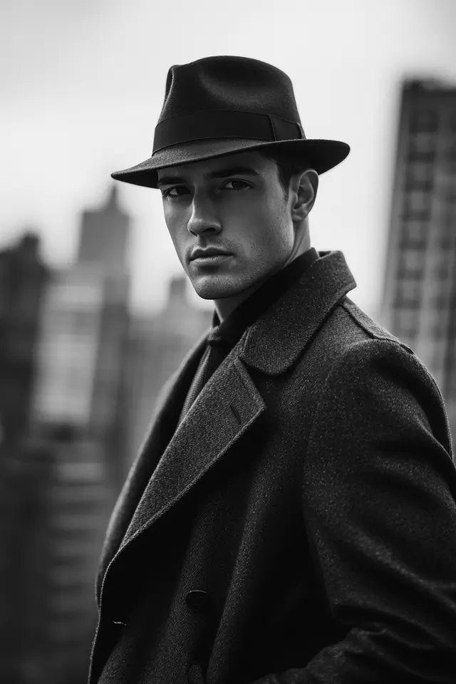 Black and white portrait of a man in a trench coat.