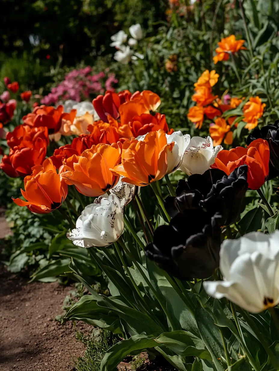 Colorful and well-maintained garden full of flowers in full bloom in various colours.