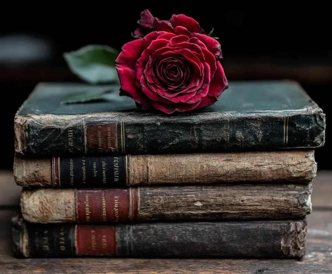 A vibrant red rose in full bloom placed atop a neatly stacked pile of neutral-toned books.