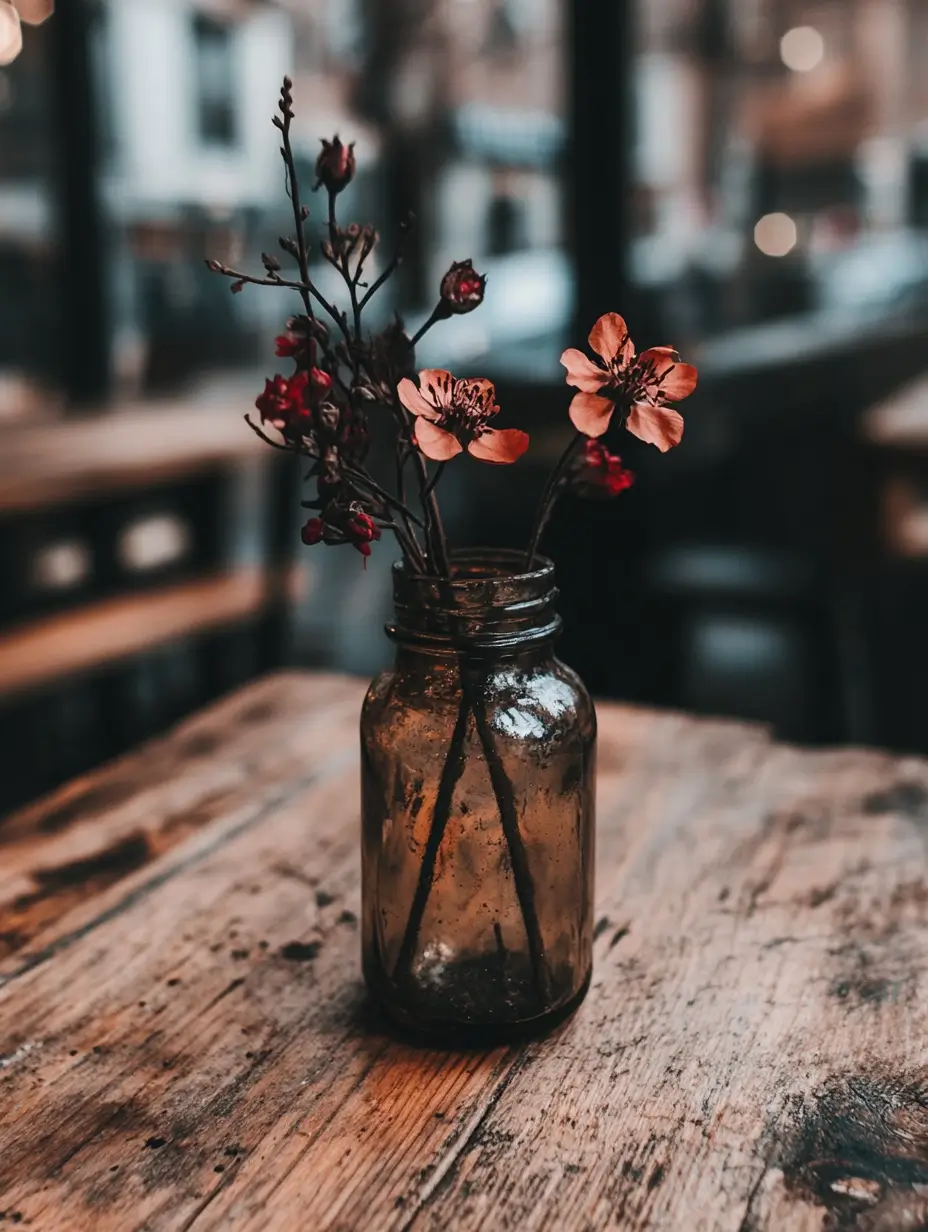 Clear glass jar filled with colorful flowers on a rustic wooden table.