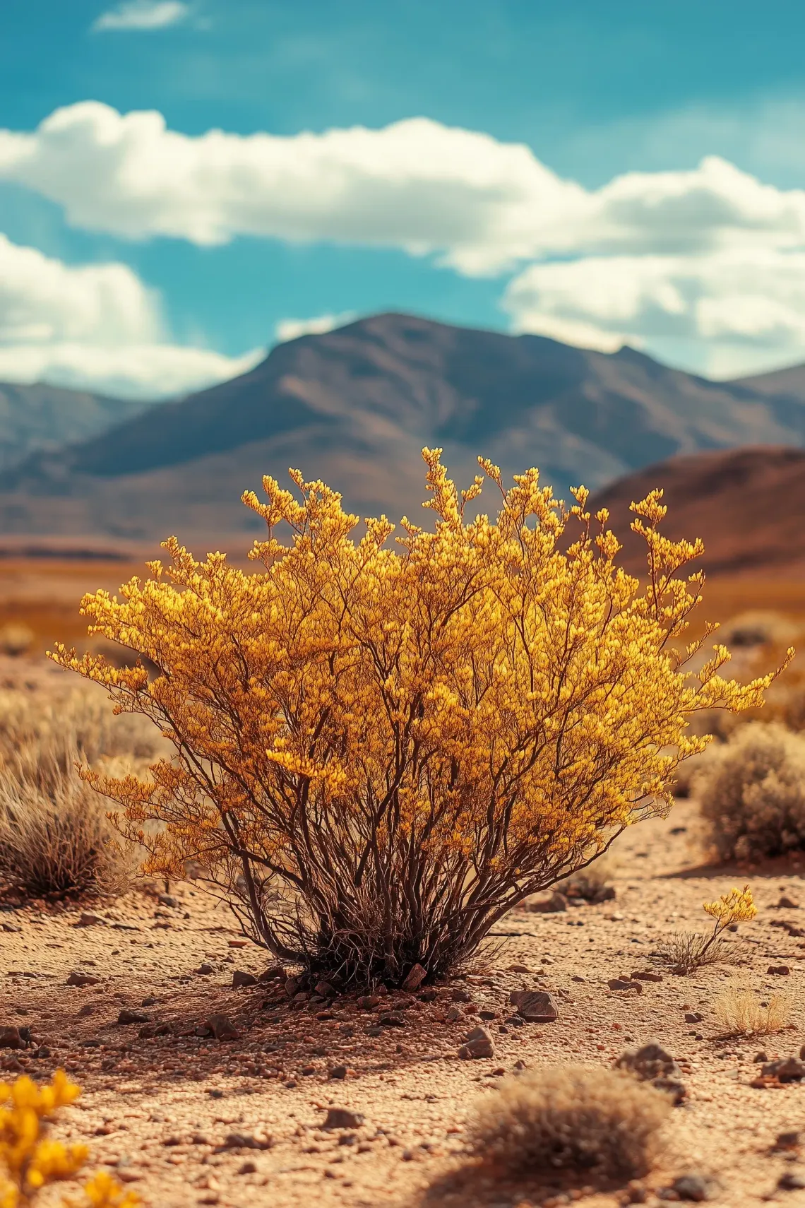 Vibrant yellow flowers on a bush blooming against a rugged desert backdrop showcasing nature's resilience.