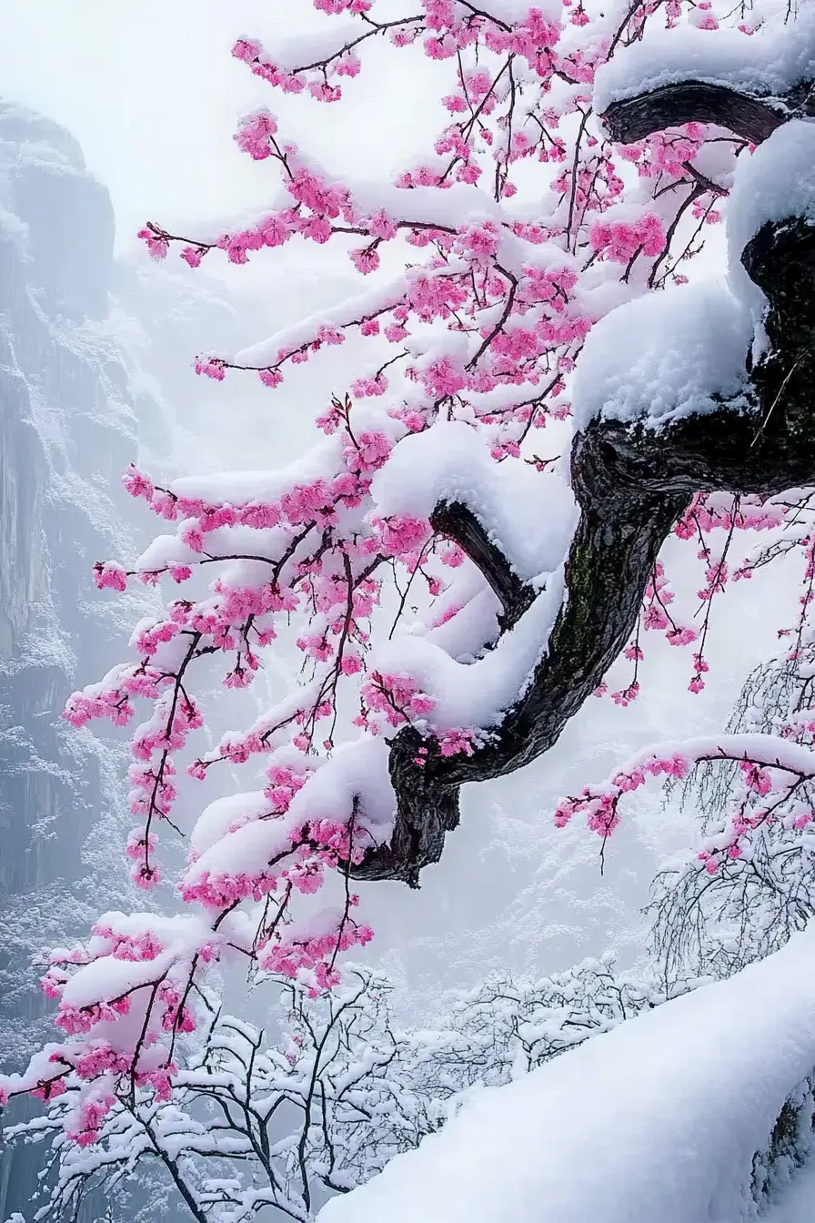 Tree with vibrant pink blossoms standing against a pristine white, snow-covered landscape.