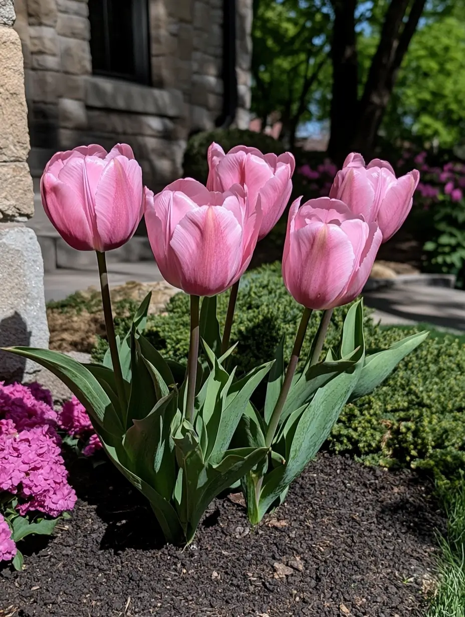 Beautifully maintained garden with numerous bright pink flowers in full bloom.