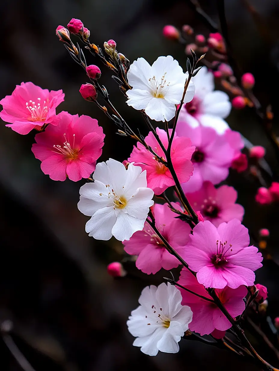 Delicate pink and white flowers in full bloom on a branch.