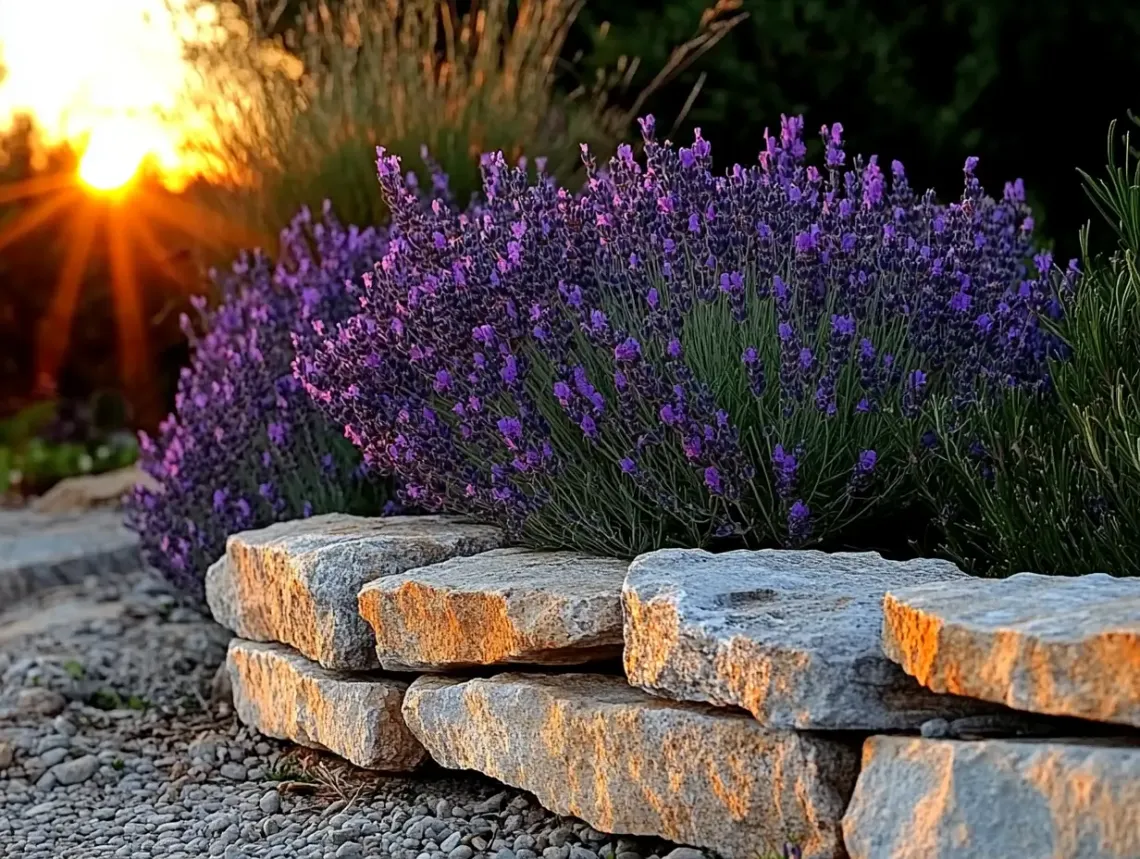 Stone wall adorned with vibrant purple flowers, creating a serene blend of nature's beauty and man-made elements.