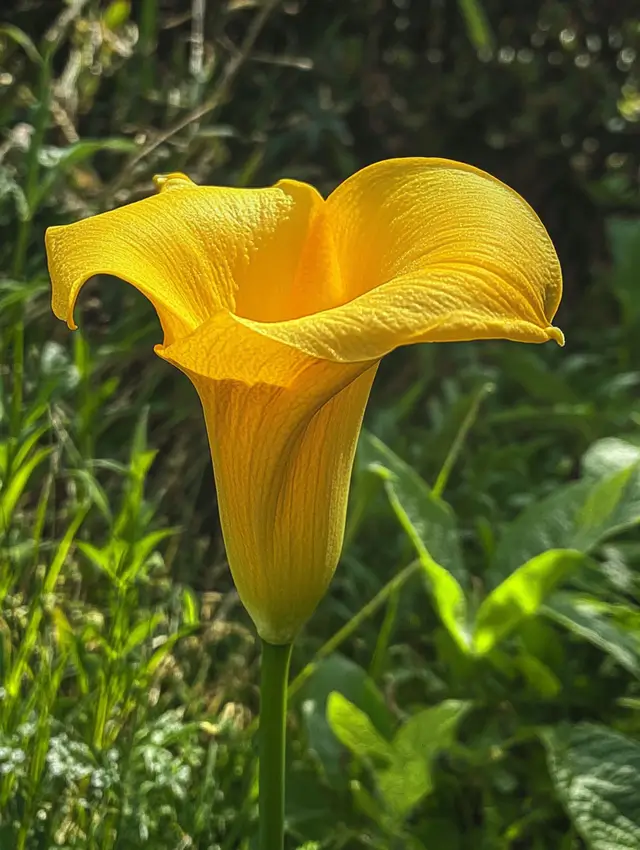 A yellow flower growing in the grass surrounded by green leaves.