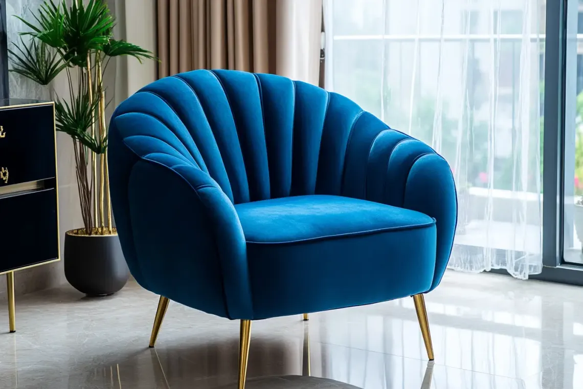 Solitary blue chair in a naturally lit, cozy living room inviting relaxation and tranquility.