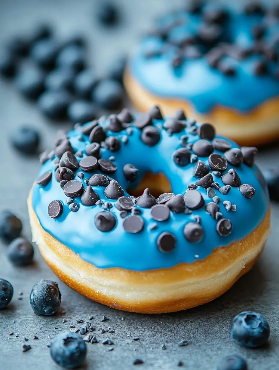 Close-up view of fresh donuts with vibrant blue frosting and chocolate chips.